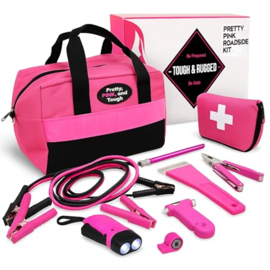 Pretty Pink Roadside Kit - Durable Car Accessories for Women - Pink Emergency Kit with First Aid Supplies Long Jumper Cables Em