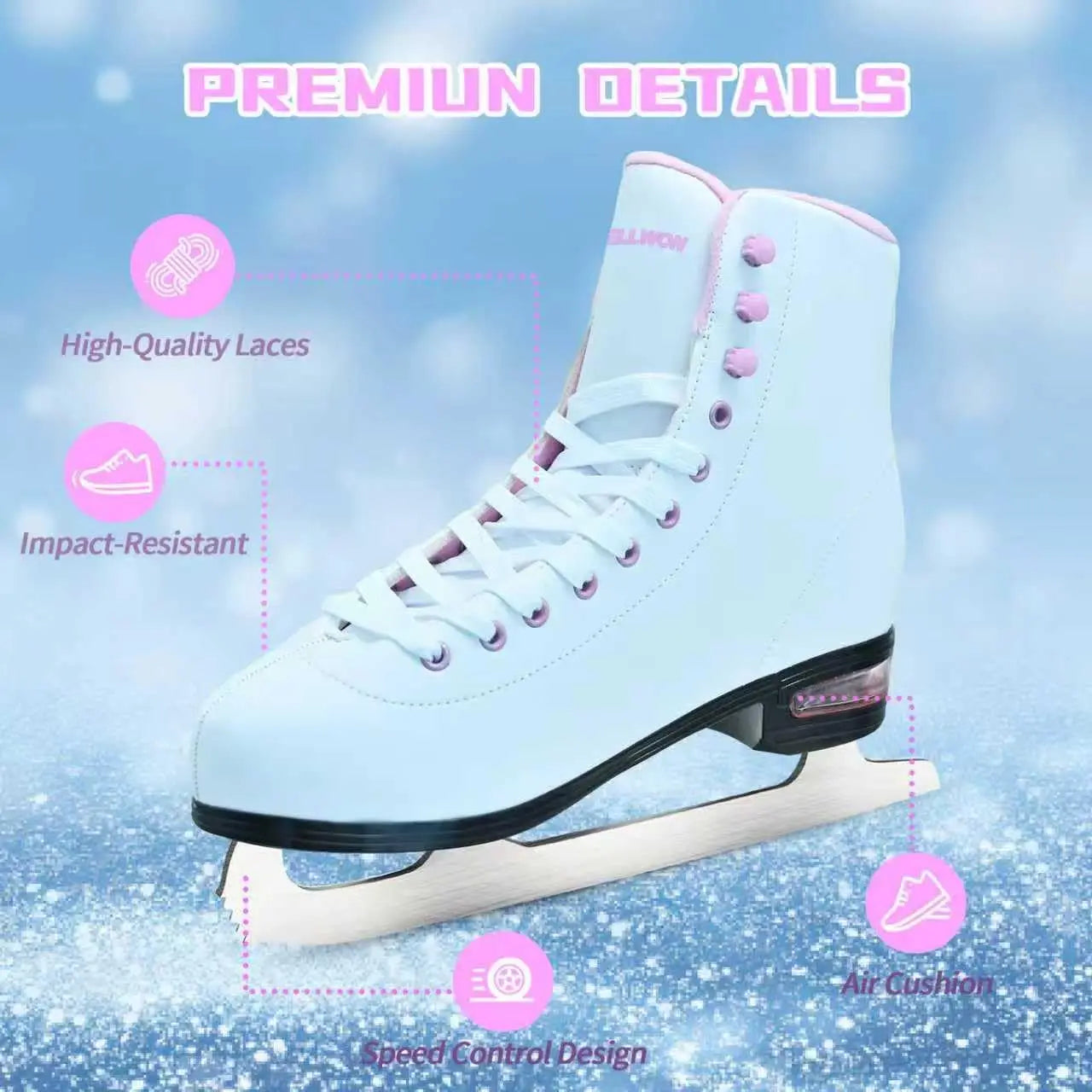 Women's Figure Ice Skates with Air Cushion, White Classic Design for Indoor & Outdoor Use, Sizes 5-10.5