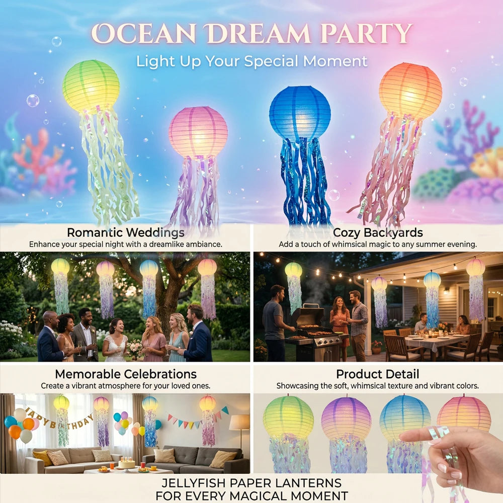 4PCS LED Jellyfish Paper Lanterns with Iridescent Tinsel Tassels, Glow Hanging Mermaid Ocean Themed Party Decor, Glow In Dark Lantern for Birthday, Wedding, Graduation, Under The Sea Party Supplies