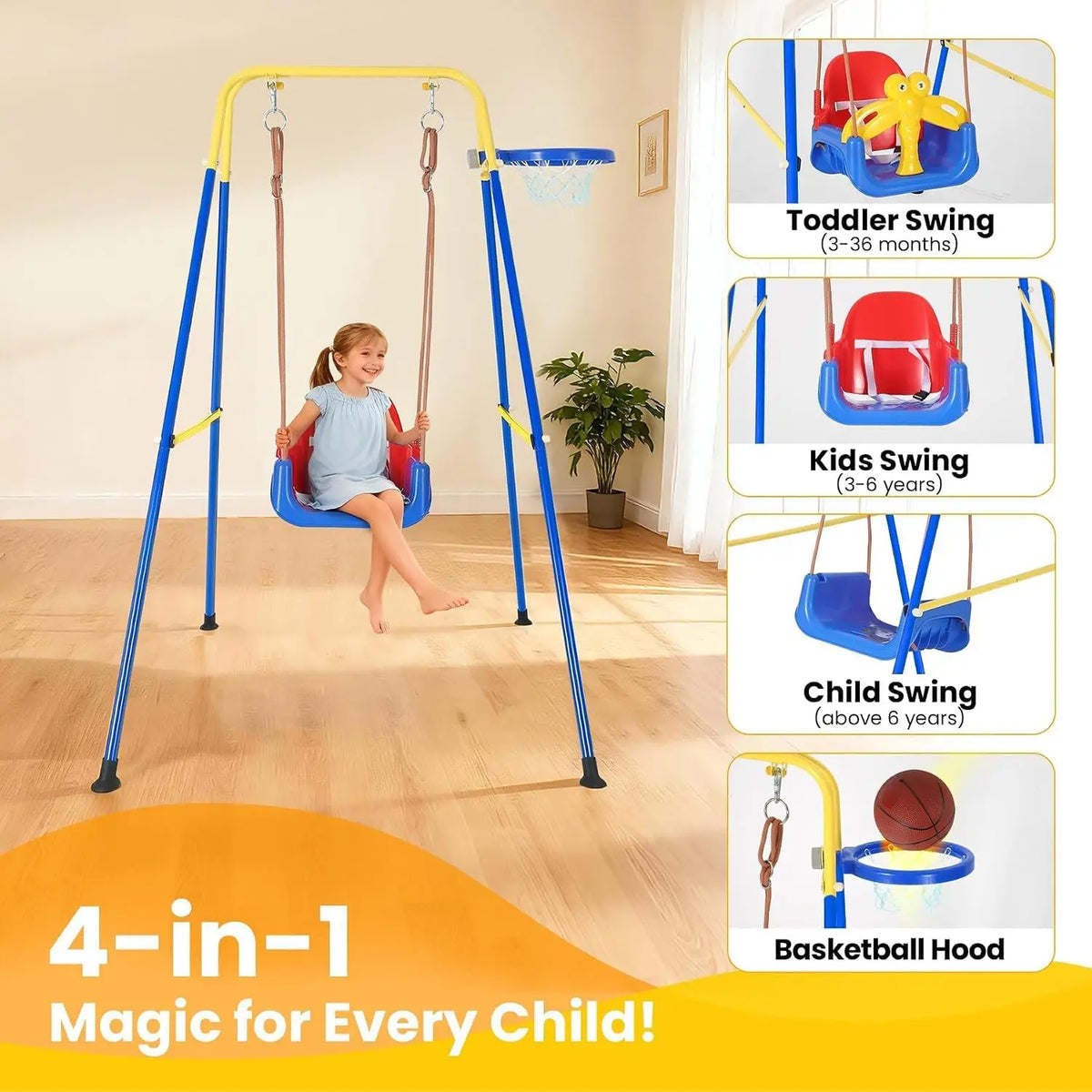 4-in-1 Foldable Toddler Swing Set – Durable Playground Equipment for Backyard or Home, with Basketball Hoop, Portable Outdoor Play Center for Ages 6–36 Months+