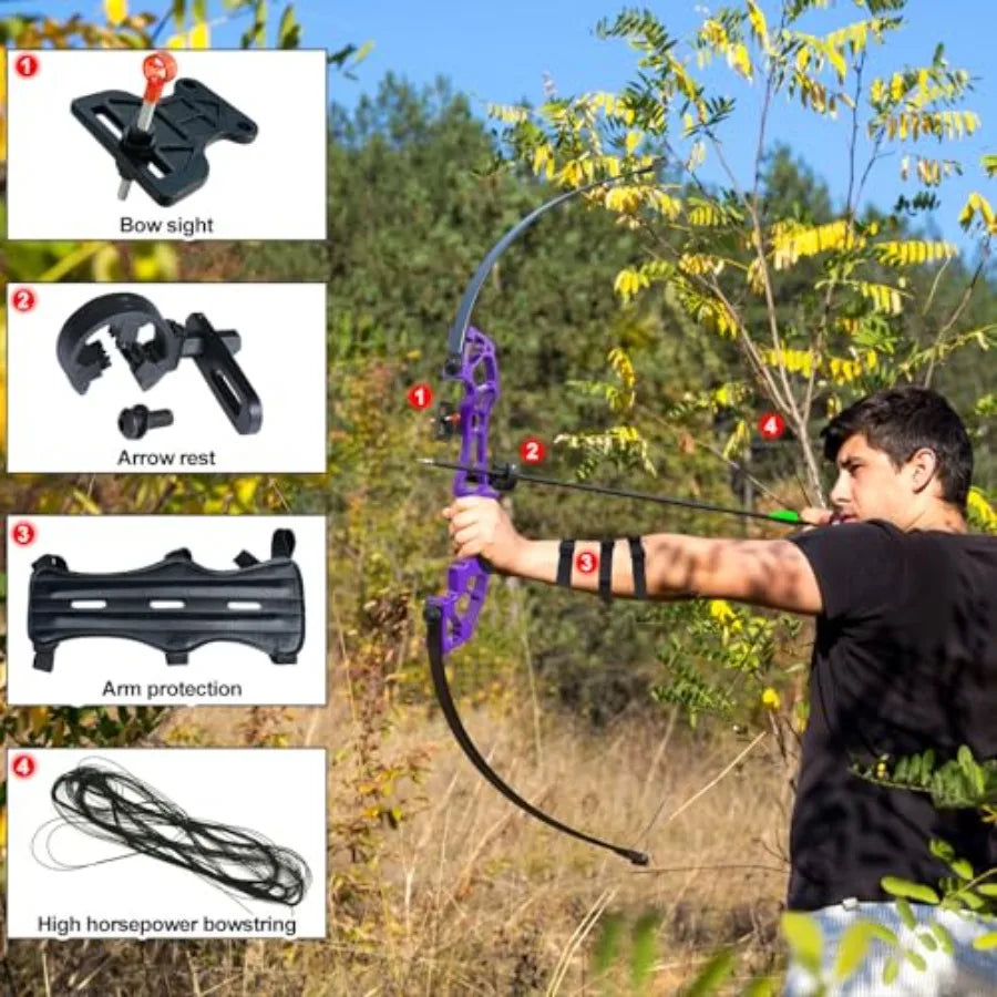 Recurve bow set for adult training and target practice, fiberglass limbs with maple riser, black finish, 30lb or 40lb draw weig
