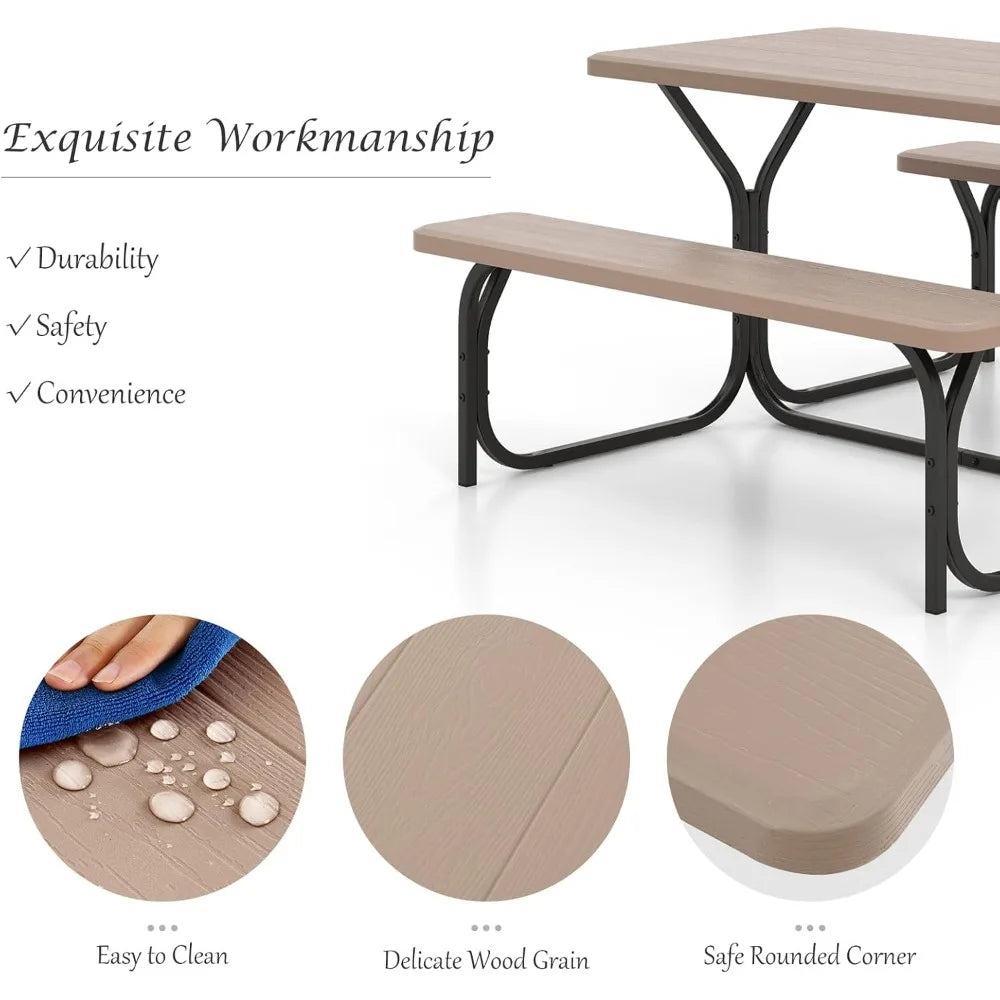 Picnic Table Bench Set Outdoor Camping All Weather Metal Base Wood-Like Texture Backyard Poolside Dining Party Garden