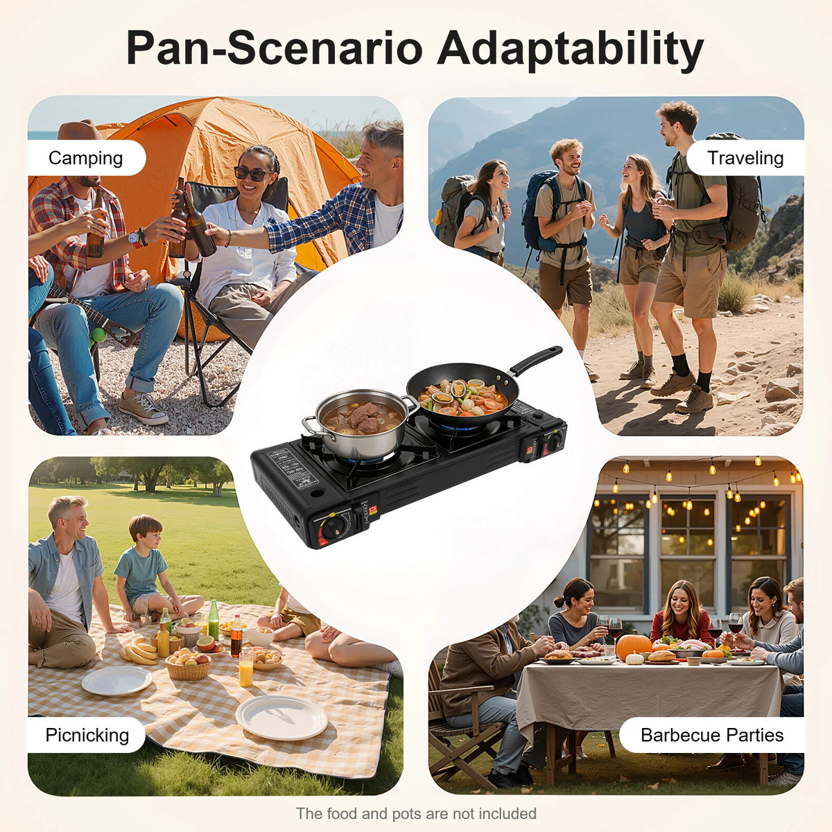 Portable 2-Burner Camping Stove – 2x2500W, Piezo Ignition, Butane/LPG, Non-Stick Pan & Carry Bag, Outdoor BBQ Black