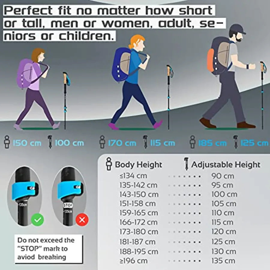 Carbon Fiber Trekking Poles Collapsible and Telescopic Walking Sticks with Natural Cork Handle and Extended EVA Grips, Ultralig