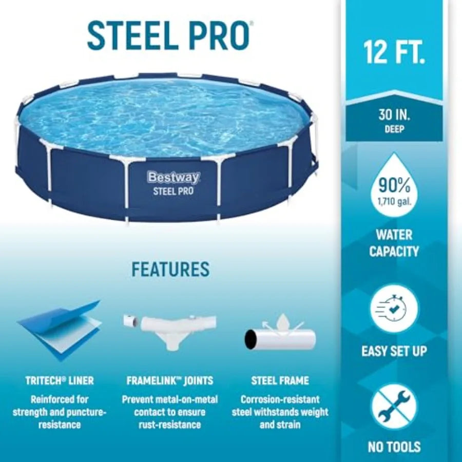 Steel Pro 12 feet x 30 inches Round Above Ground 1710 Gallon Pool Set with DuraPlus Liner 530 Gallon Pool Filter and Repair Pat