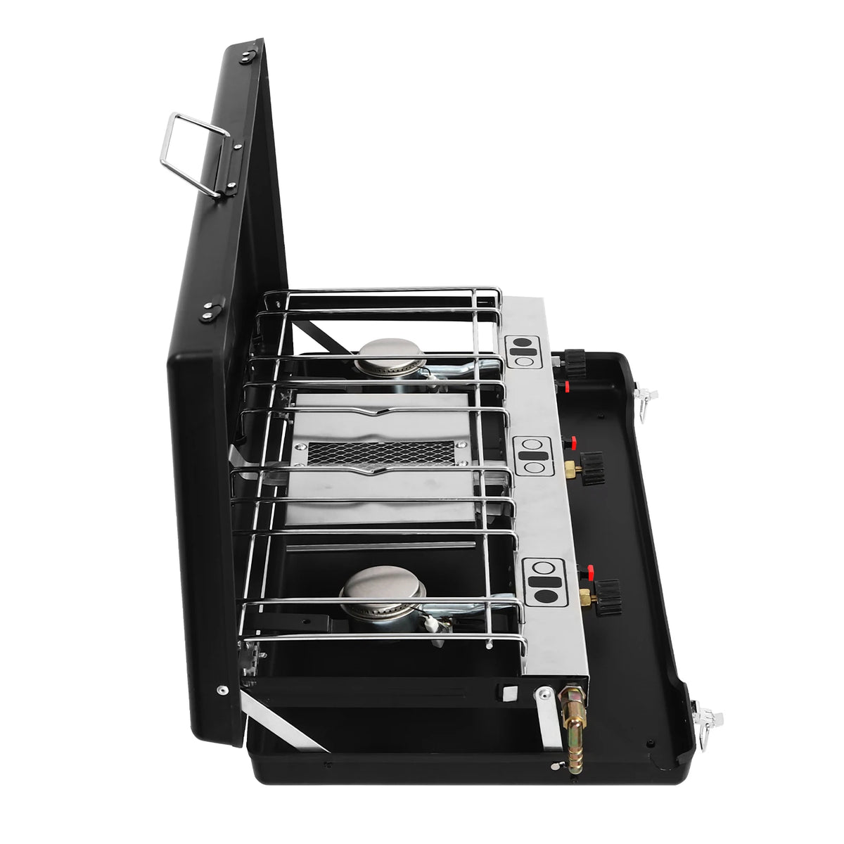 3-Burner Camping Stove Foldable, Portable Gas Grill with 4.5kW Total Power, Piezo Ignition and Windscreen Lid for Outdoor Cooking