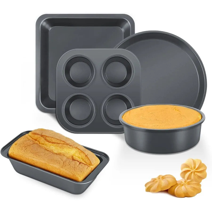 5-Piece Nonstick Bakeware Set with Cake Pan, Muffin Pan, Loaf Pan, Square Pan and Pizza Pan – Carbon Steel, Oven-Safe to 446°F, Dishwasher Safe