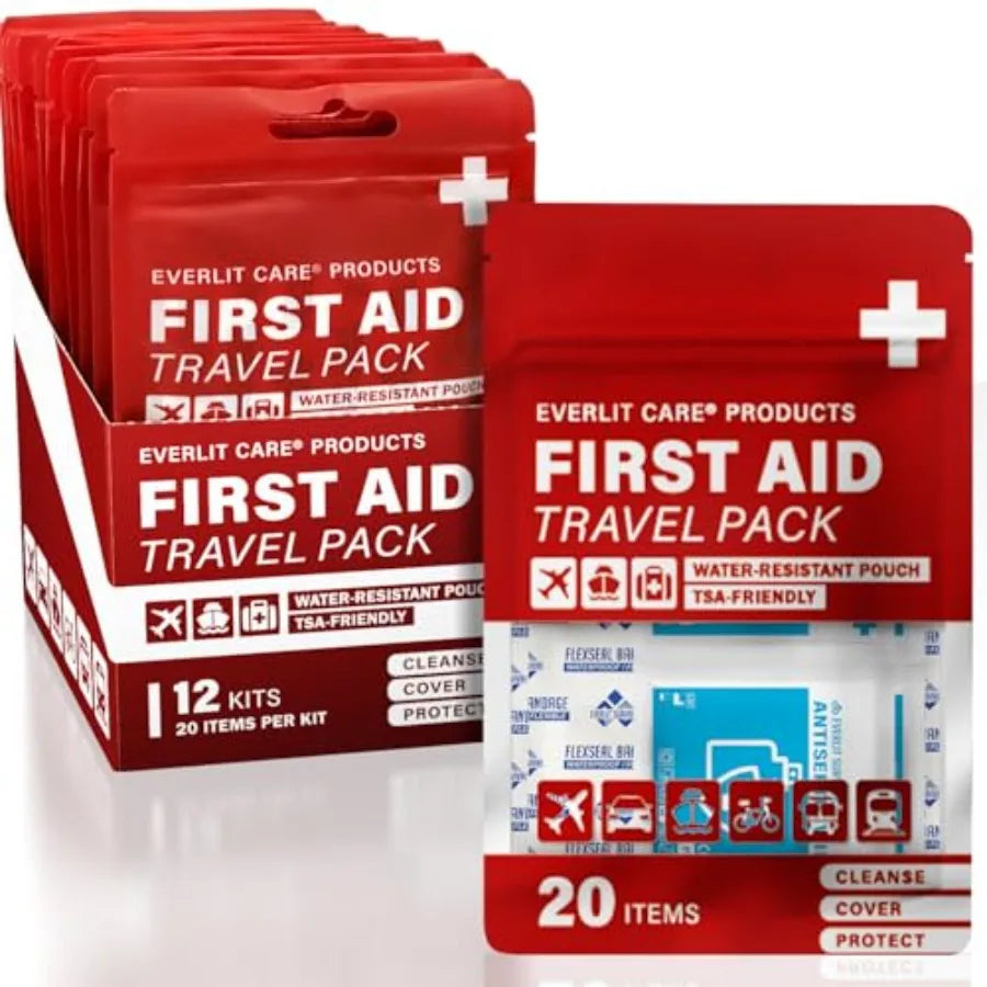 EVERLIT CARE Travel Bandage Pack 12 Individual Packets, Bulk Portable Mini First Aid Kit with 20 On-the-Go entials Compact Wate