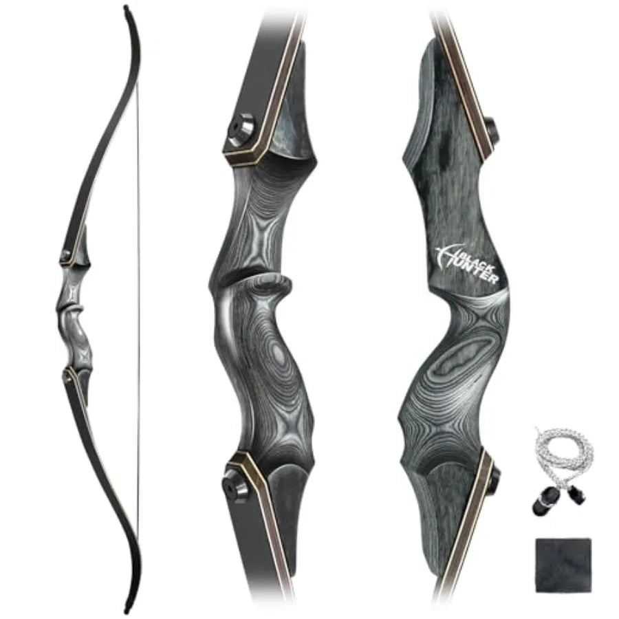 Archery hunting and target practice: black recurve bow with bamboo core limbs, 60-inch takedown design for durability and porta