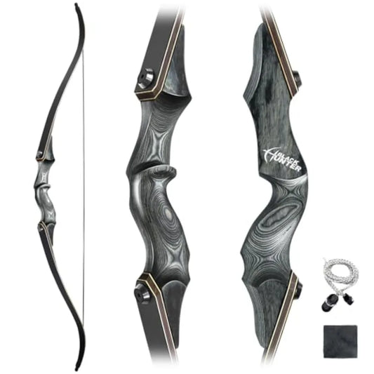 Archery hunting and target practice: black recurve bow with bamboo core limbs, 60-inch takedown design for durability and porta