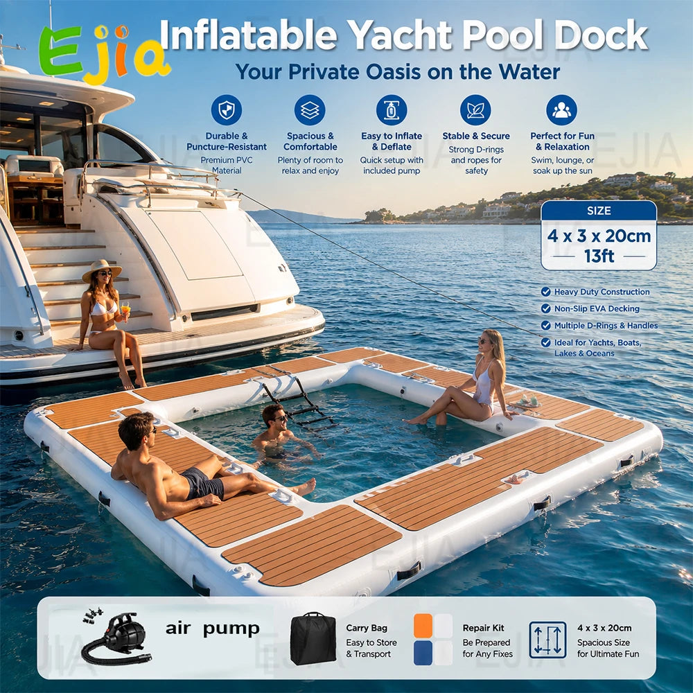 13x10ft Inflatable Yacht Pool with Non-Slip EVA Deck, Heavy Duty PVC Floating Dock with Netting, Portable Sea Swimming Pool for Boat, Lake, and Ocean Water Sports