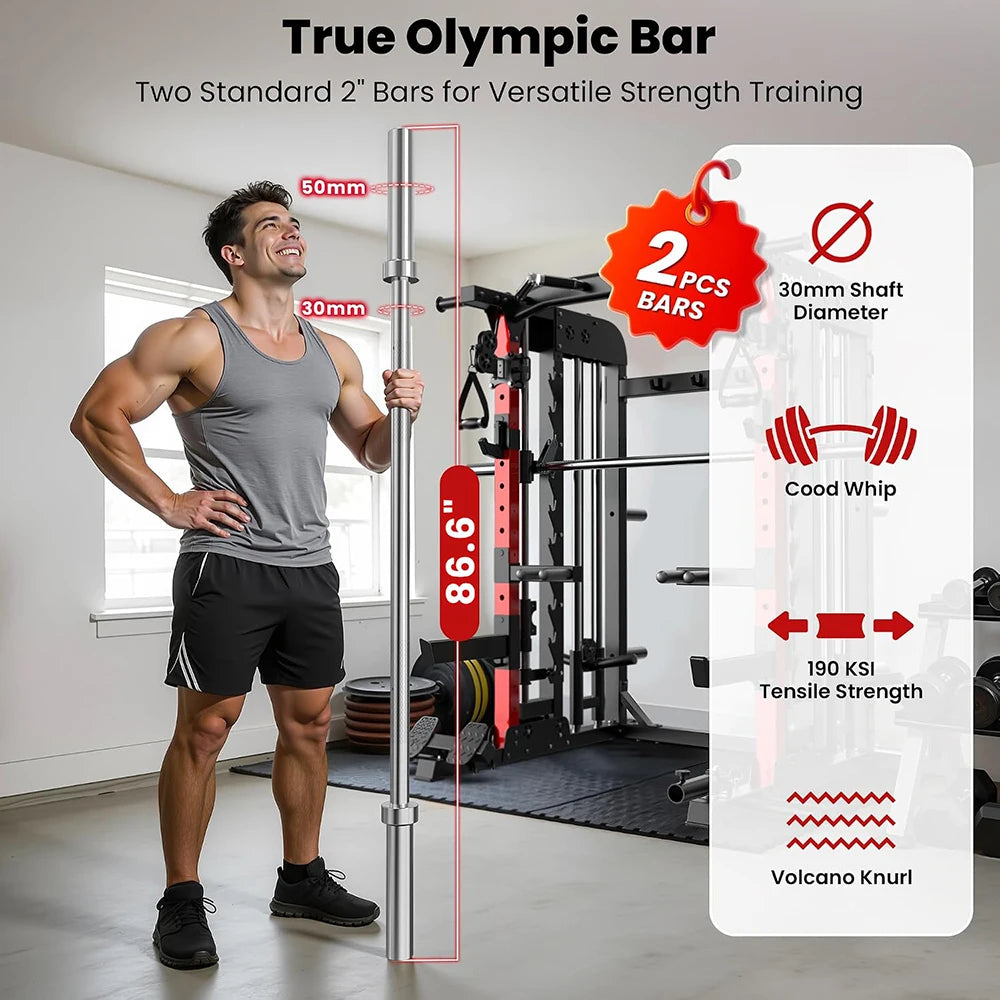 Pooboo Power Cage Smith Machine with 2000LB Squat Rack Cable System | LAT Pulldown and Dual Pulley Cable Crossover with All-in-One Home Gym Machine, Adjustable Stations and Training Attachments with Workout Bench