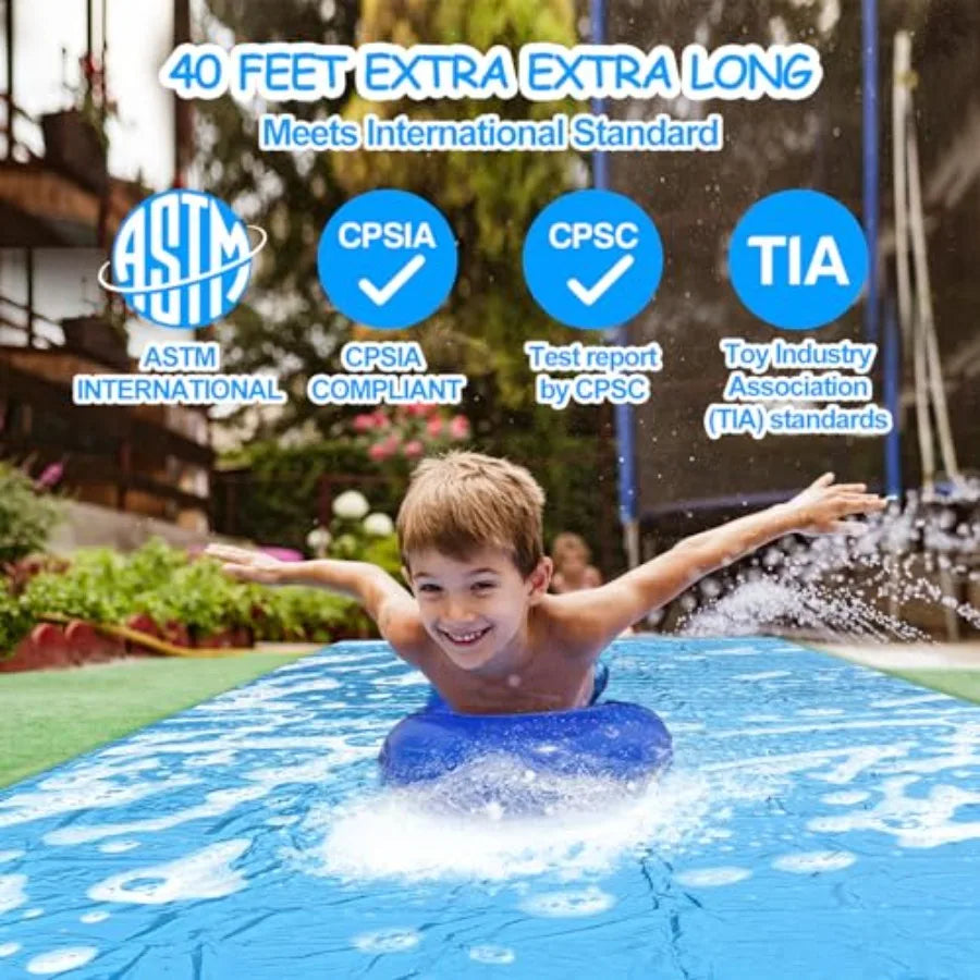 Backyard water slide for kids and adults, heavy-duty PVC, blue and yellow, 40FT giant slip-and-slide with 14 stakes and 2 infla
