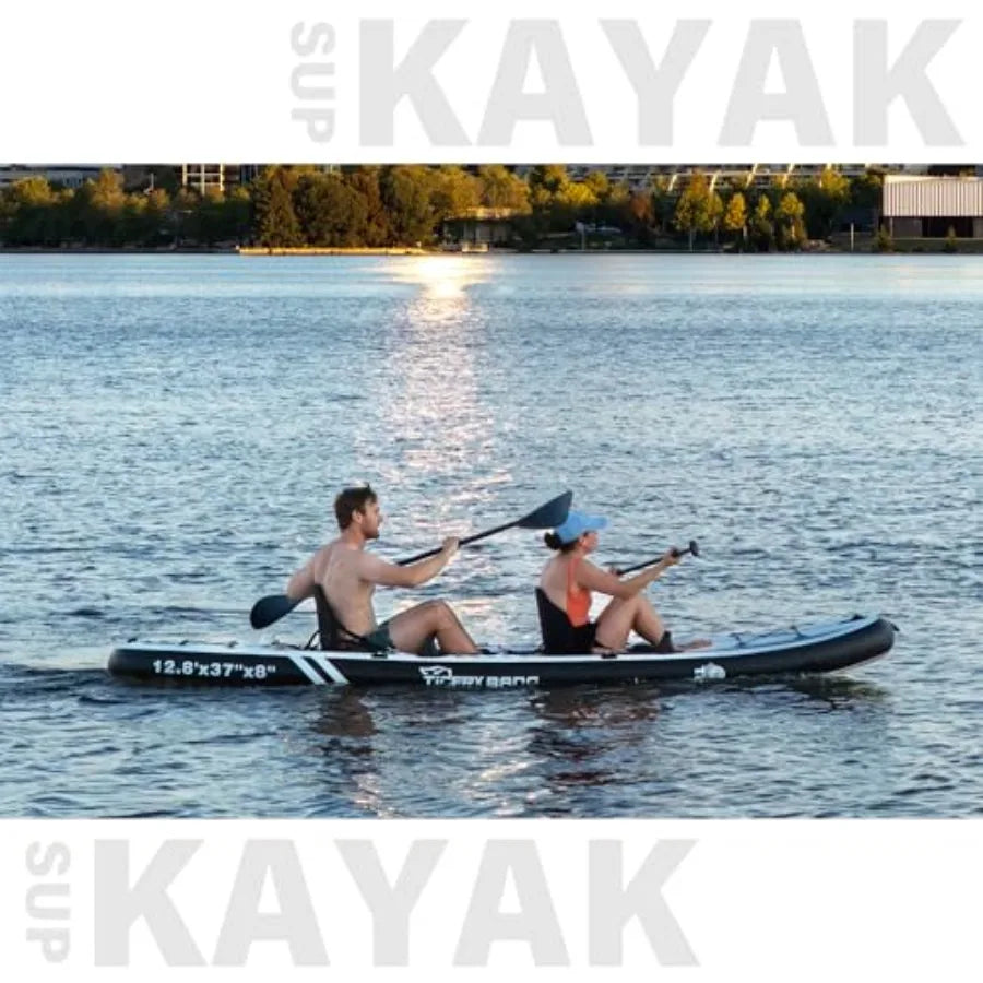 12'8 Inflatable Tandem Kayak for Fishing Touring 2 Seats Adjustable Paddle Blue Durable Material Ideal for Family Adventures In