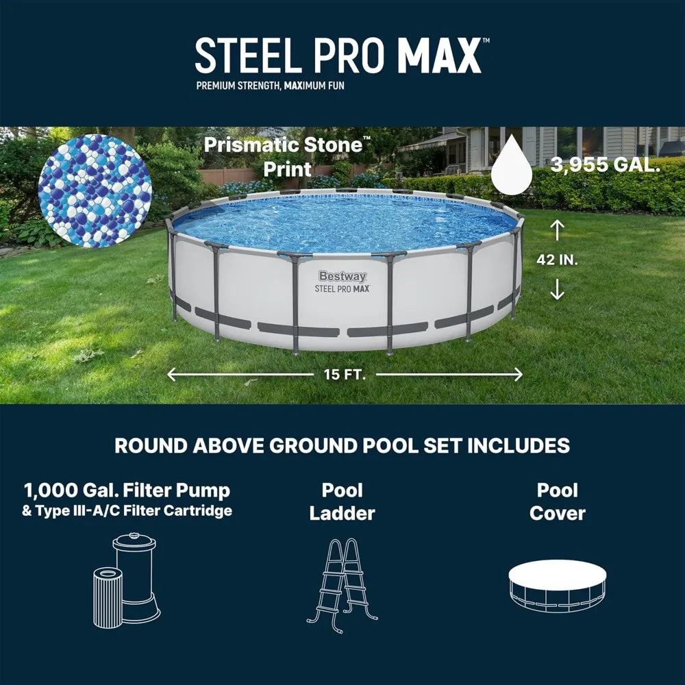 15' x 42" Above Ground Pool, Round Metal Frame Outdoor Swimming Pool Set with Filter Pump, Ladder, and, Custom