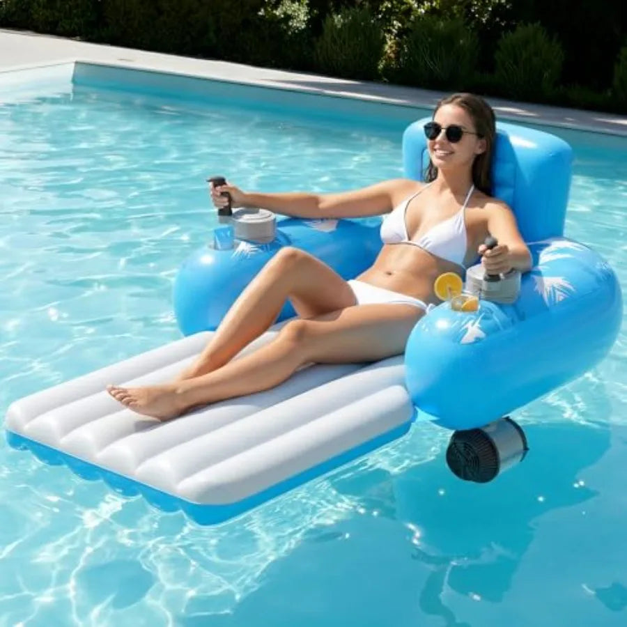Inflatable Motorized Pool Float for Adults - Rechargeable Electric Water Lounger with Dual Motors and 2 Storage Compartments Su