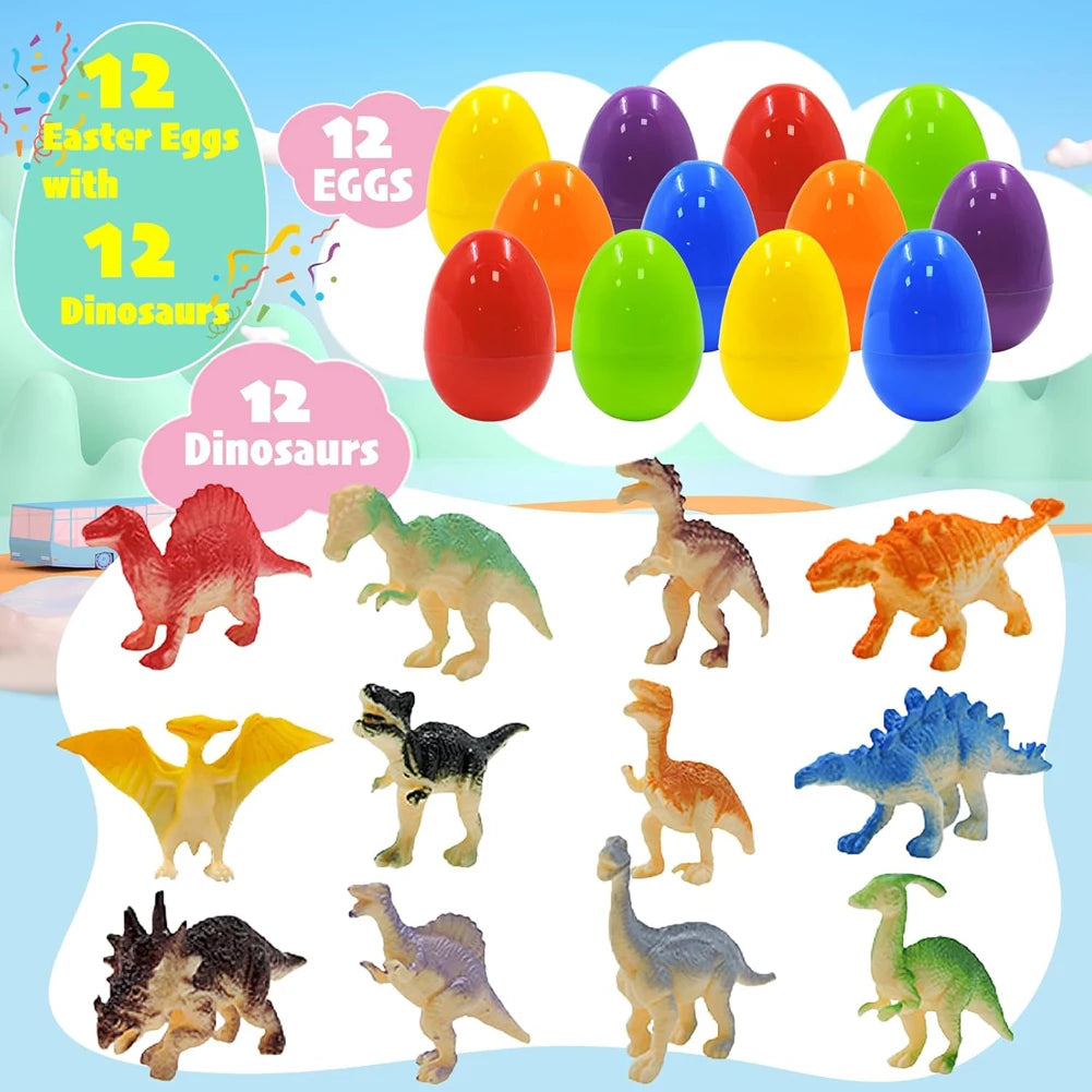 12Pcs Prefilled Easter Eggs with Dinosaur Toys Easter Basket Stuffers Surprise Easter Eggs for Kids Easter Egg Hunt Game
