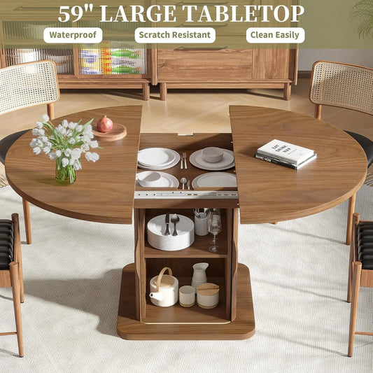 59 Inch Extendable Round Dining Table for 4-6-8 Dining Room Kitchen Table with Storage Fluted Wood Slide Door Customized