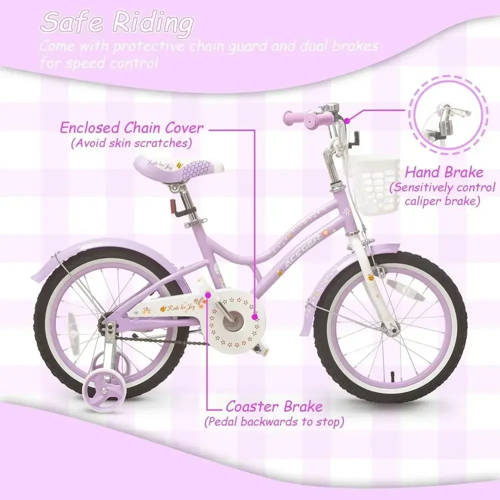 12-18 Inch Girls Bikes with Removable Training Wheels, 20 Inch Model, Adjustable Seat, Steel Frame, Dual Brakes
