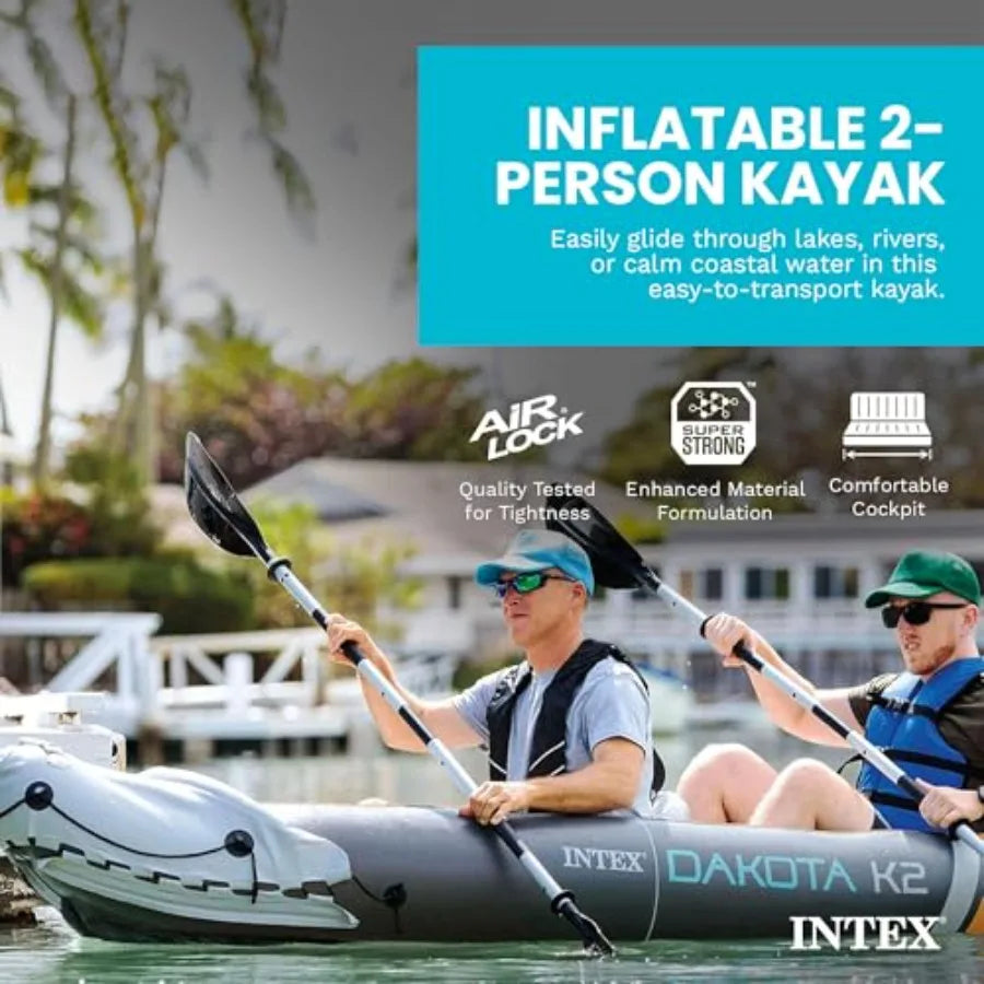 2-Person Inflatable Kayak Set Dakota K2 with 86in Oars and Pump in Blue for Outdoor Water Sports with Quick Inflation and Durab