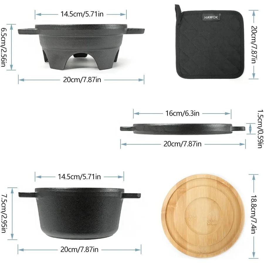 HAWOK 6 Piece Stove Set Potable Cast Iron Charcoal Grill Stove with 1QT Dutch Oven with Multipurpose Lid Five-Leg Buffet Tray M