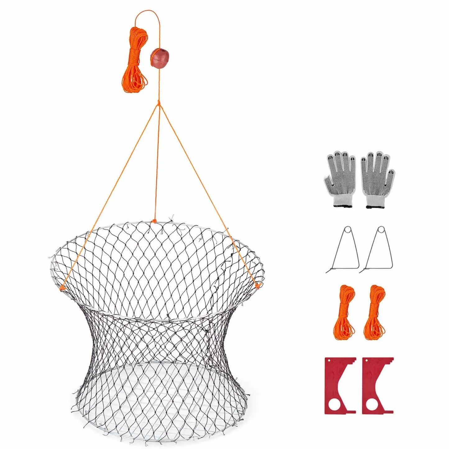 SucceBuy Double Ring Crab Trap 24in Top 20in Bottom Two Rings Crab Kit Foldable Fishing Net with Gauge 60ft Rope Wire Grid 2set
