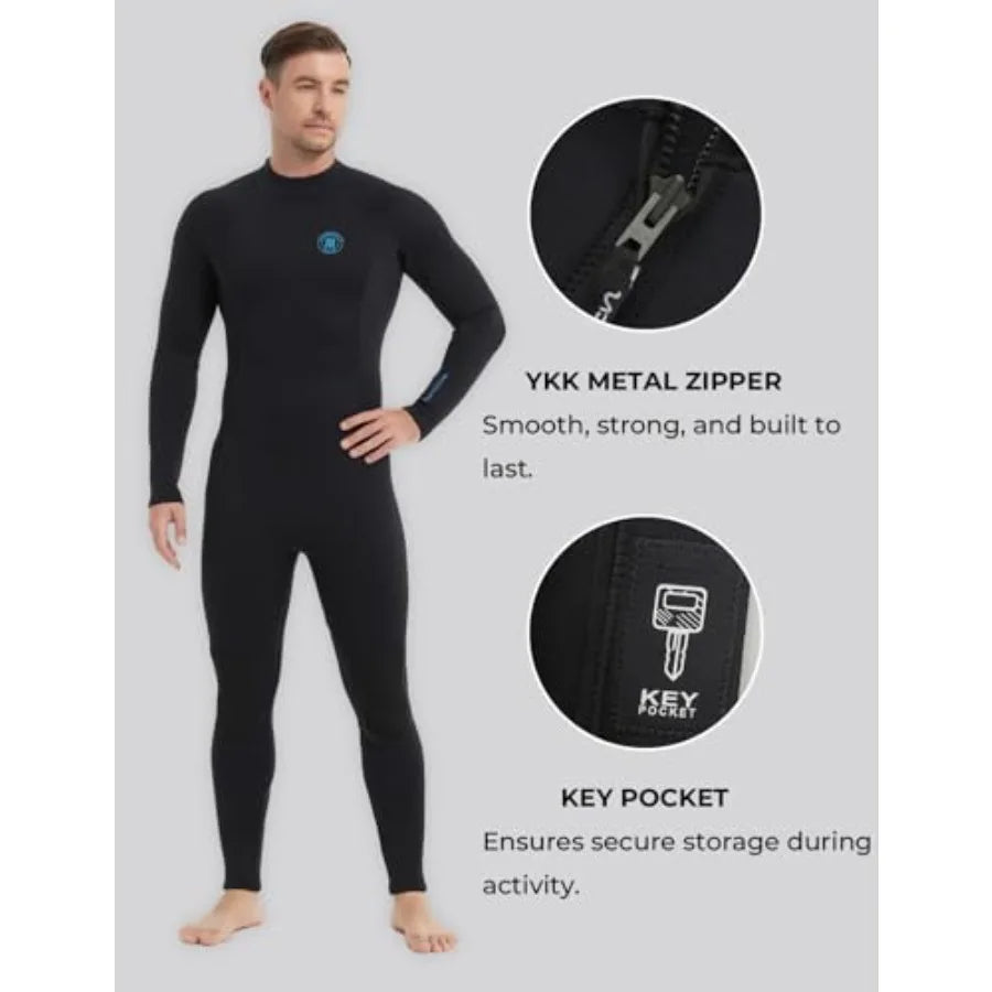 Men's wetsuit for diving, snorkeling, surfing, swimming; neoprene; black; front zip, 3/2mm and 5/4mm thickness