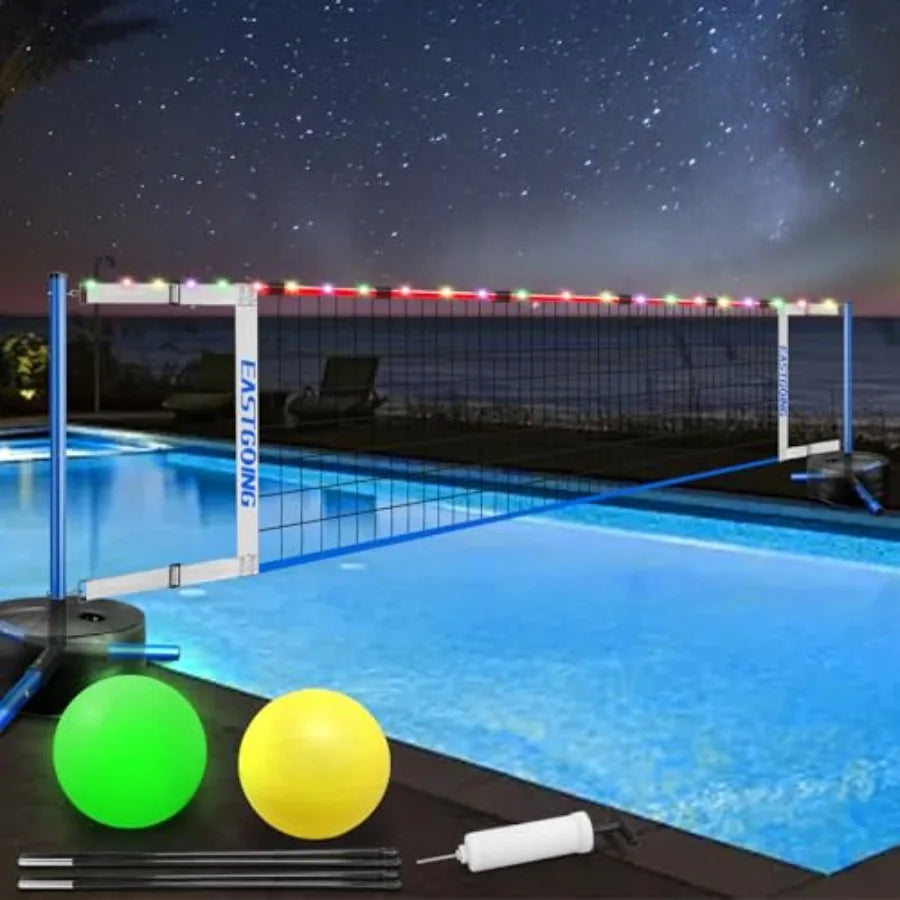 Pool Volleyball Net Set with LightAdjustable Length 15-25FT Swimming Pool Volleyball Net System with 2 Water Volleyballs and He
