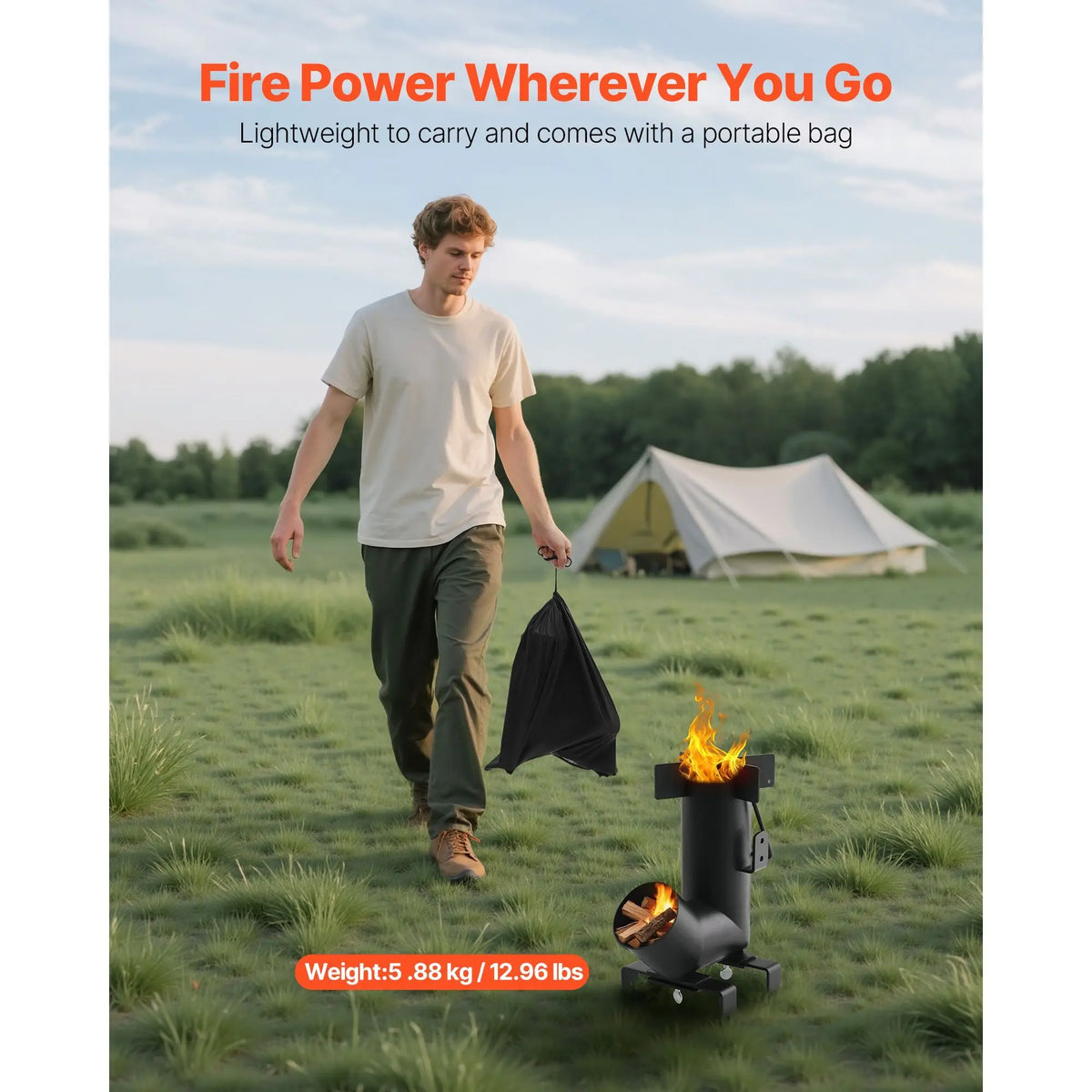 Camping Rocket Stove, Wood Burning Portable Rocket Stove with Carrying Bag for Backpacking, Carbon Steel, Burn Wood, Twigs or Sticks for Outdoor Cooking, Backyard, Camp Cooking, Heating, Black