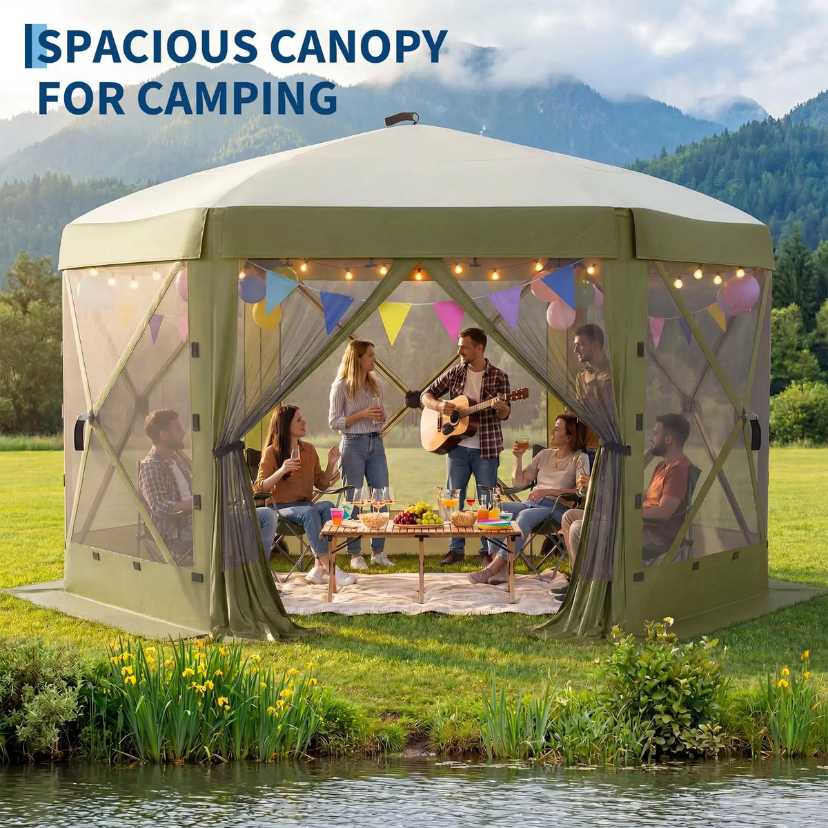 11x11FT Pop Up Gazebo Screen Tent, 6-Sided Mesh Canopy With Removable Wind Walls, One-Push Outdoor Shelter For Camping Party Patio