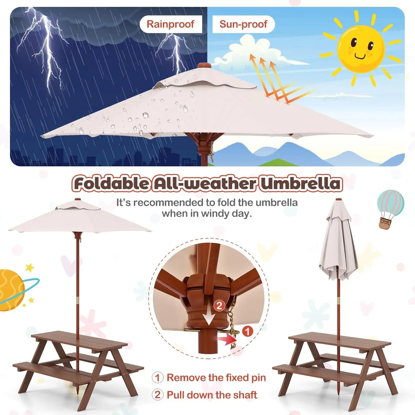 Wooden Kids Picnic Table & Bench Set with Umbrella Outdoor Patio Garden 214x107x48cm, Customized