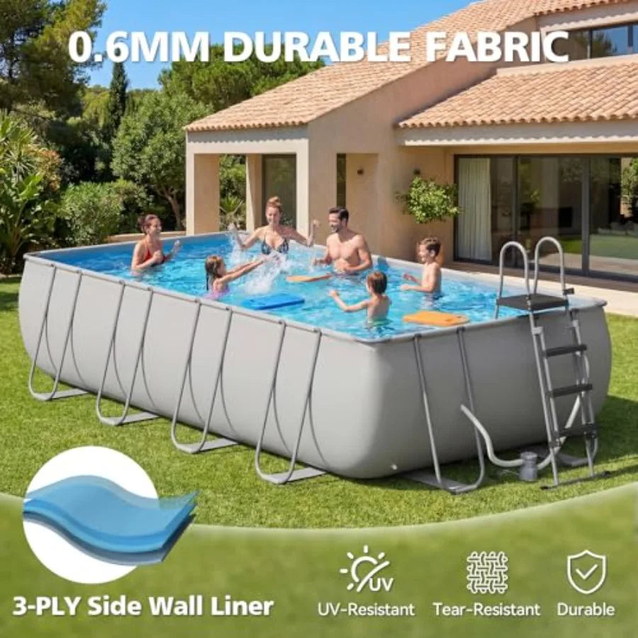 Backyard rectangular above ground pool set, steel frame with gray PVC liner, 18' x 9' x 47, includes removable ladder and filte