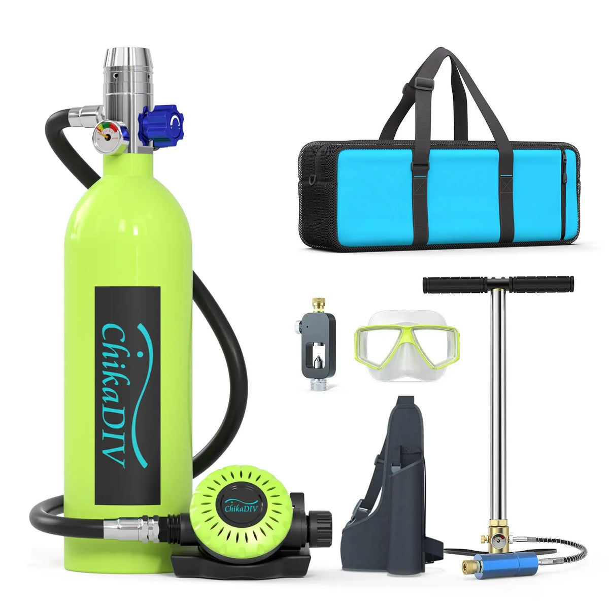 ChikaDIVE Scuba Tank–DOT Certified Mini Scuba Tank with Pump 1L Lung Tank for Underwater Breathing Reusable Portable Scuba Diving Tank Equipment Fit for Emergency Rescue