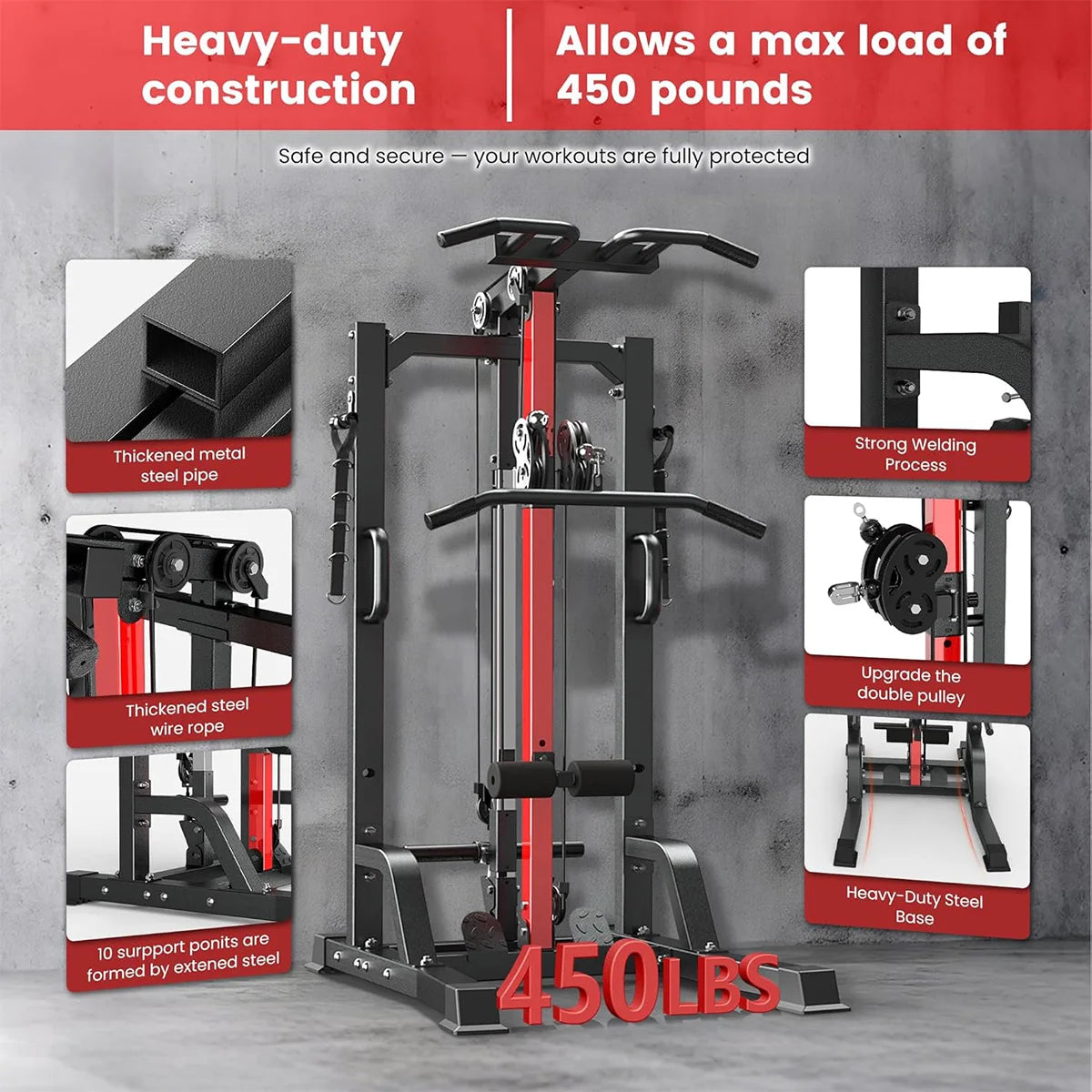 Pooboo Home Gym Machine - High/Low Pulley System for Lat Pulldown, Row&Back Workout, with Leg Support | All-in-One Strength Training Equipment for Home Gym