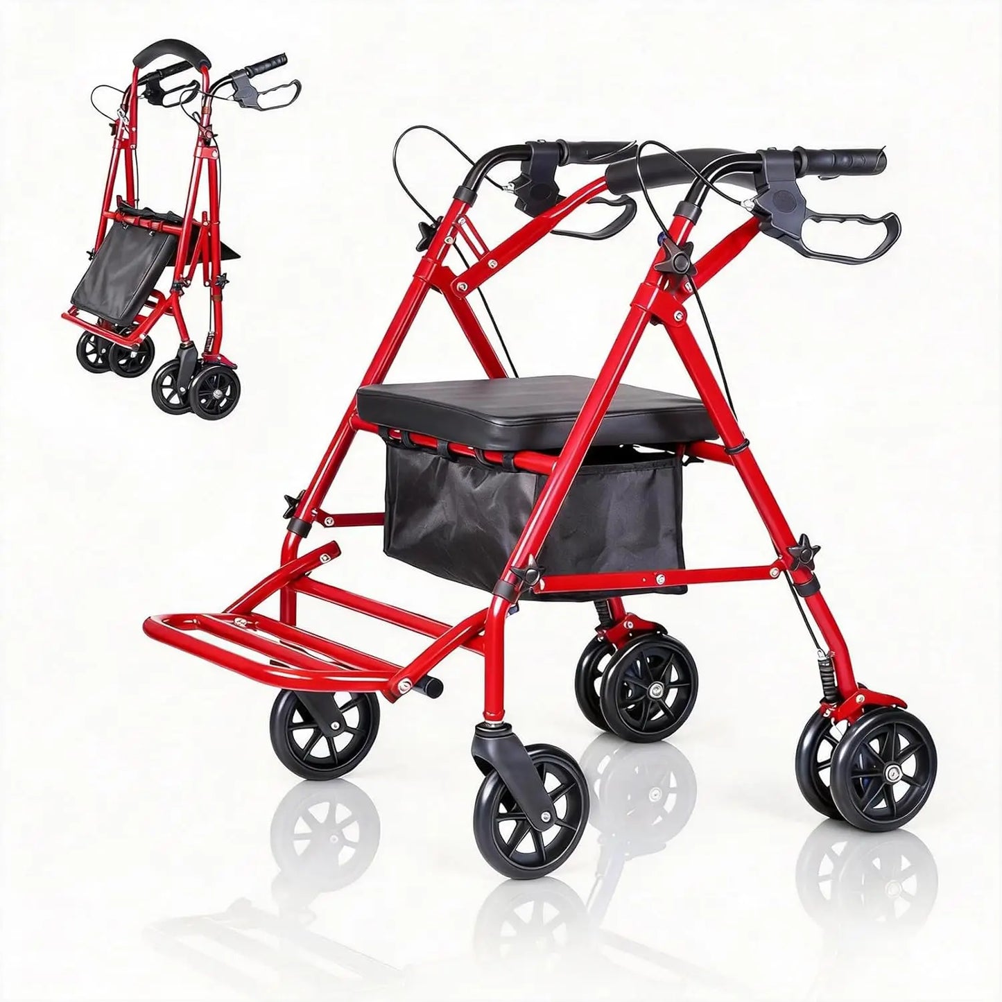 Folding Four Wheel Rollator, Lightweight Mobility Walker with Seat & Carry Bag, Underseat Storage, Portable Walking Aid 6'' Whee