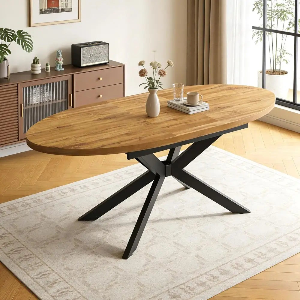 Large Walnut Oval Dining Table for 4-6 People, Space-Saving Design for Kitchen & Living Room