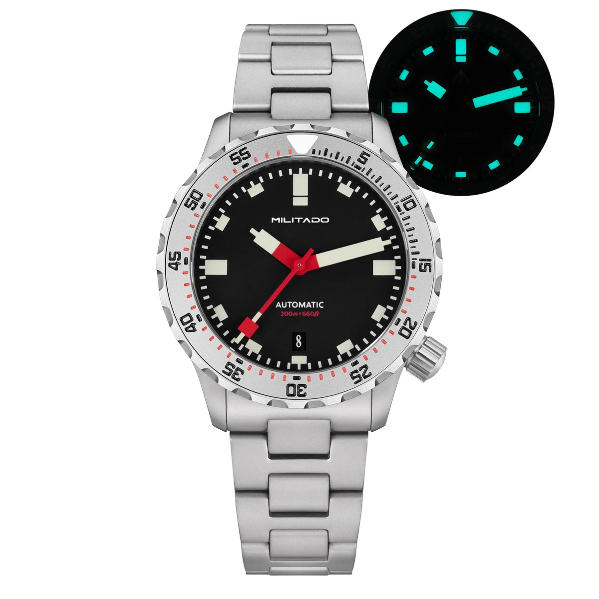 MILITADO ML20 Automatic Diver Watch 39mm PT5000 Mechanical Sapphire 200m Waterproof PVD BGW9 Lume Steel Bracelet Mens Watchs