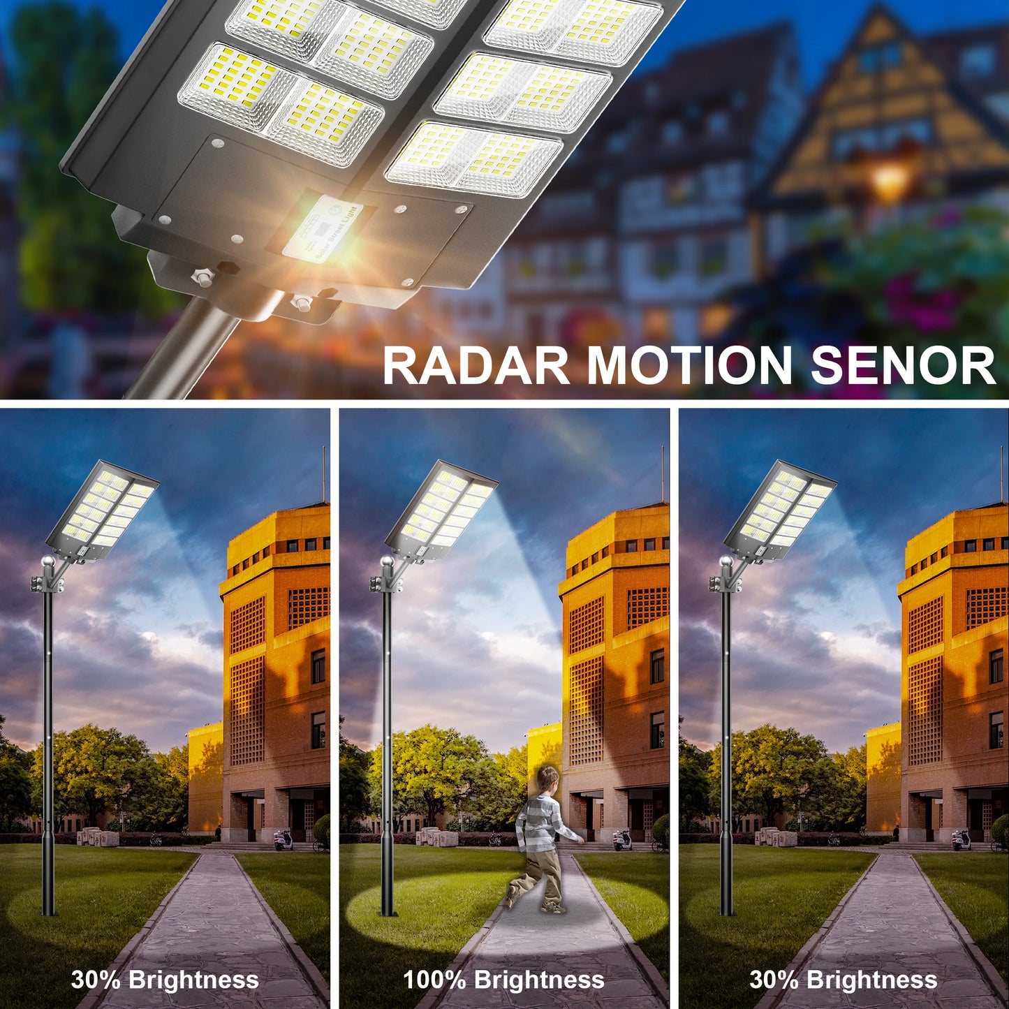 6000-watt waterproof solar street lights. Automatically turn on at dusk and are equipped with motion sensors. Suitable for comme