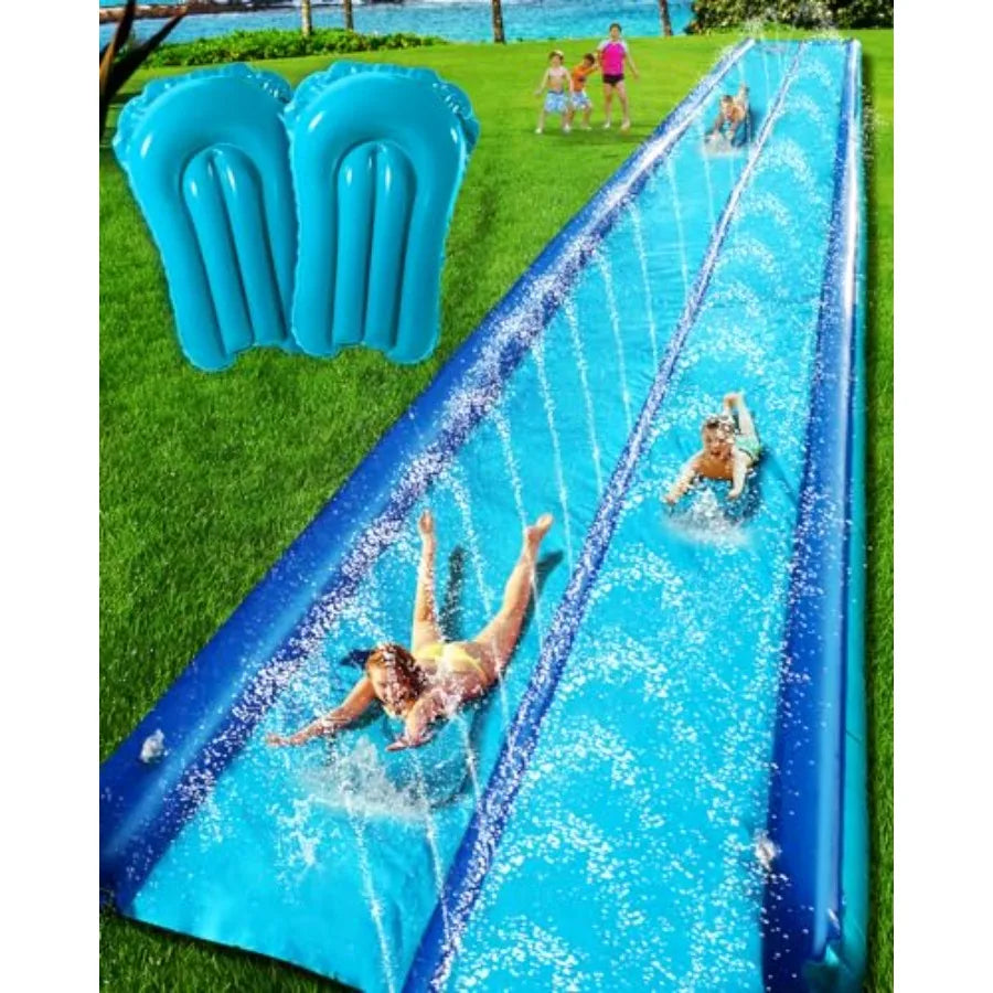Backyard slip and water slide for kids and adults, 2-lane extra-long inflatable with sprinkler and bodyboards, heavy-duty PVC b