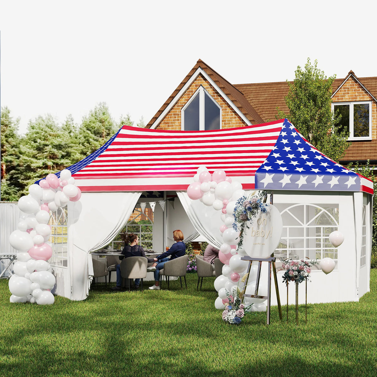 22.3 x 16.4ft Party Tent Wedding Tent w/ 6 Windows, American Flag