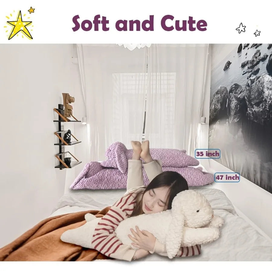 Hofun4U Rabbit Plush Pillow Long Body Stuffed Animal White 47 inch Gift for Adults