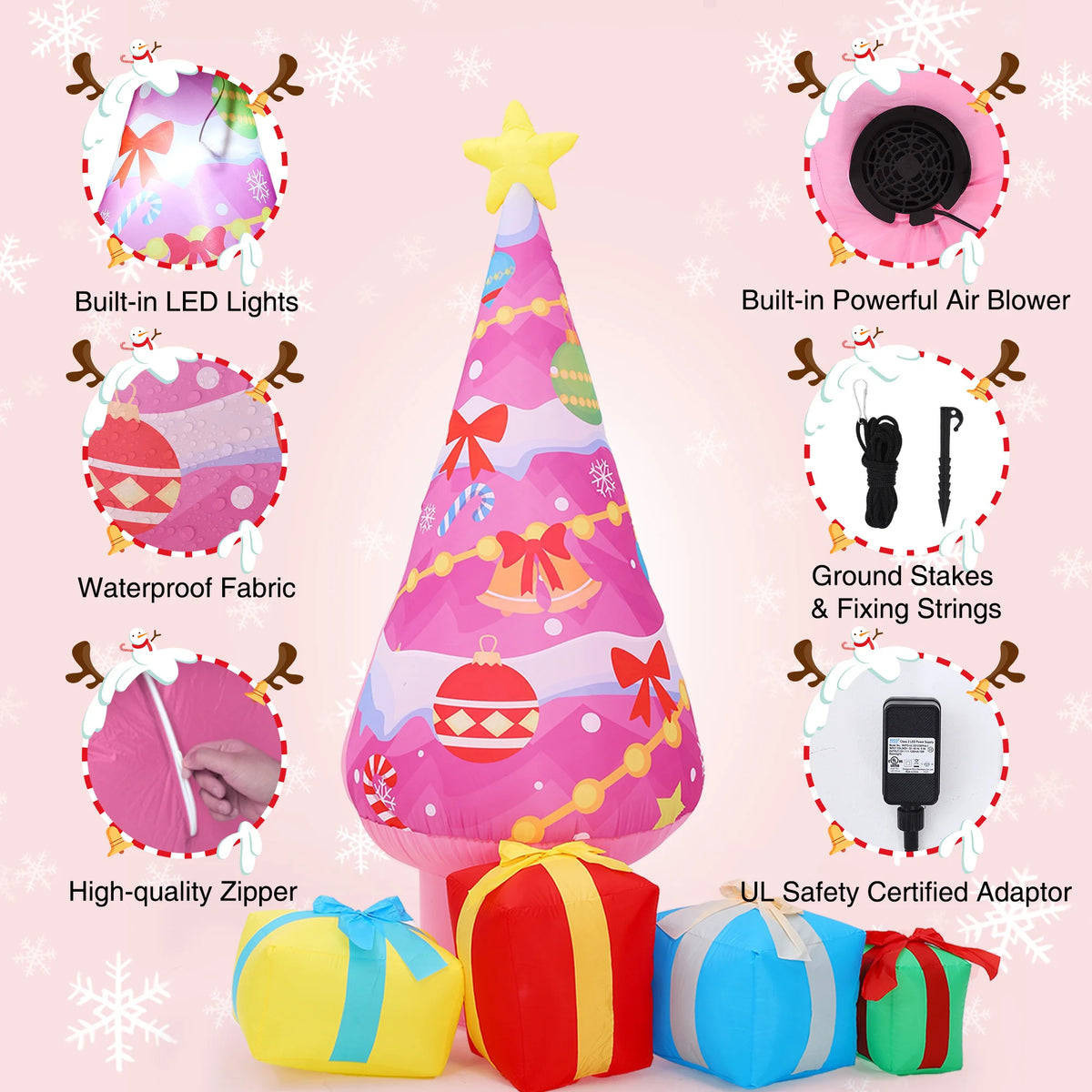 7.1ft Pink Christmas Tree Inflatable Outdoor Yard Decor With Led Lights And 4 Gift Boxes, Blow Up Holiday Decoration For Lawn Garden