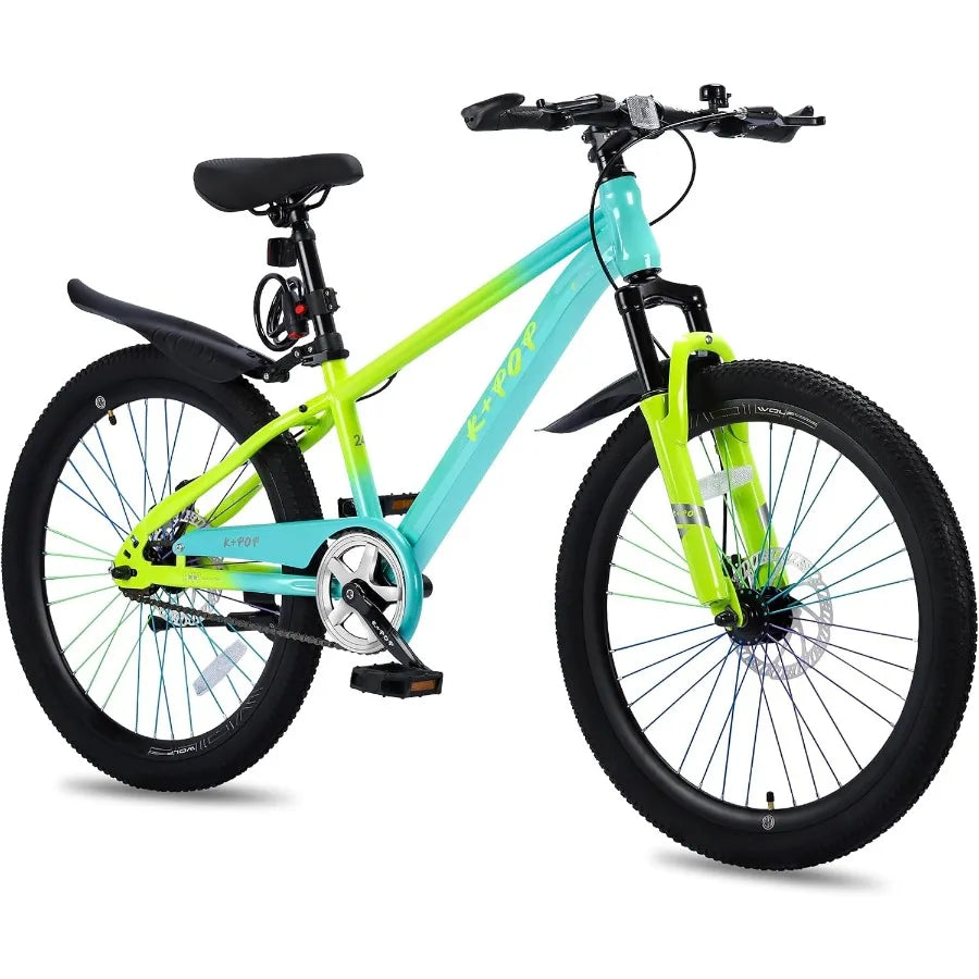 24 Inch Single Speed Mountain Bike for Boys Girls Ages 8-12, Lightweight Youth Bicycle with Front Suspension Fork, Front and Re