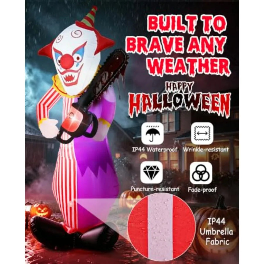 Outdoor Halloween inflatable decoration: PVC, white and red, motion-activated screaming clown with LED lights, 12FT tall for ya
