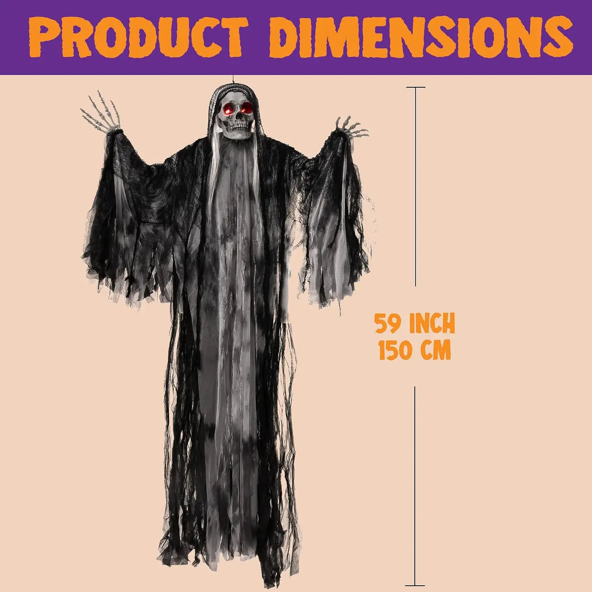 59” Animated Hanging Grim Reaper Halloween Outdoor Decorations with Voice Control Glowing Eyes and Creepy Sound Halloween Decoration for Haunted House Prop Graveyard Lawn Indoor Party Supplies