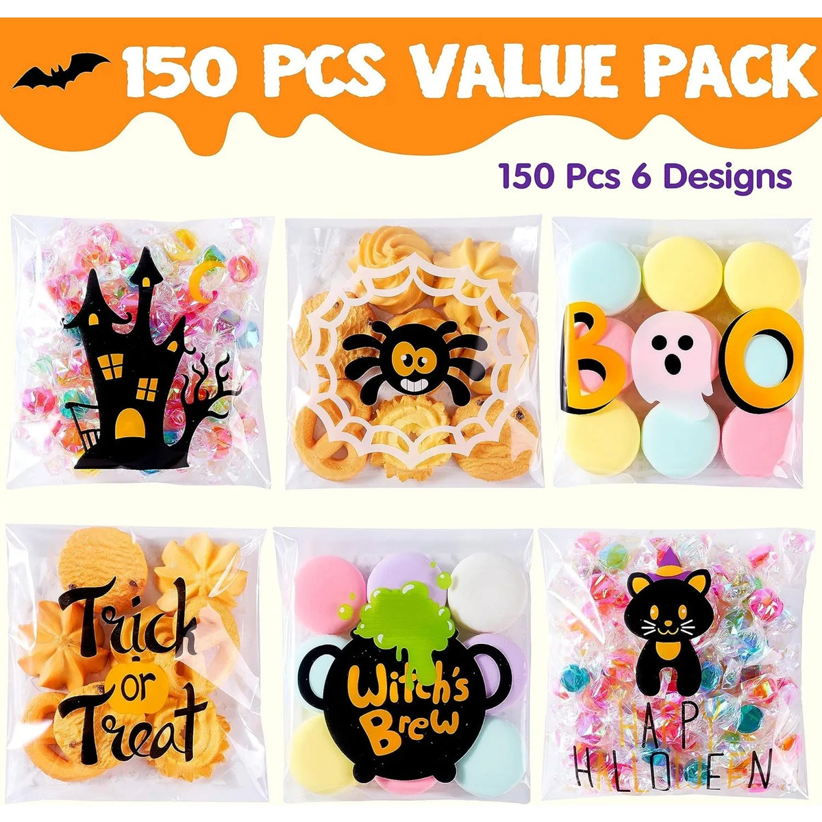150 PCS Cellophane Treat Bags Halloween Self Adhesive Clear Cookie and Candy Bags for Kids Trick or Treating, Small Goodie Gift Ziplock Bag Bulk for Halloween Party Favors Supplies in 6 Designs