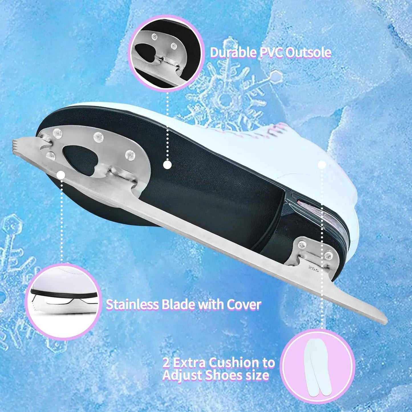 Women's Figure Ice Skates with Air Cushion, White Classic Design for Indoor & Outdoor Use, Sizes 5-10.5