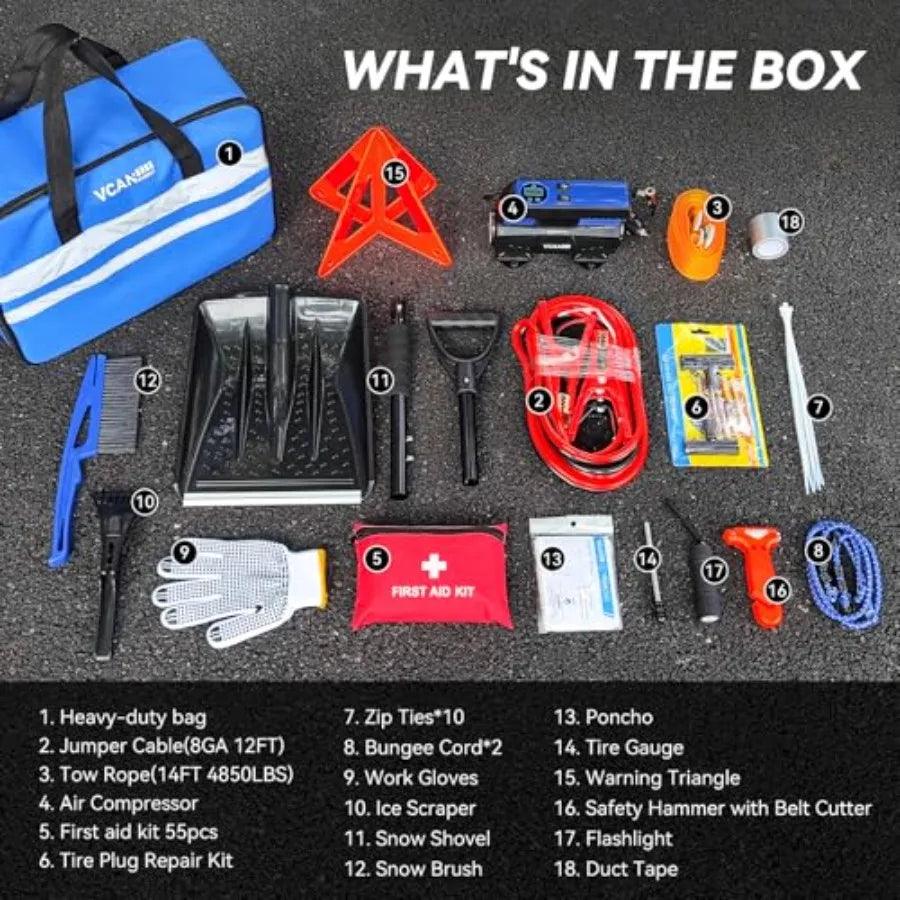 Car Emergency Safety Kit Bag with Digital Air Compressor Jumper Cables First Aid Kit Winter Vehicle Roadside Safety Kit with De