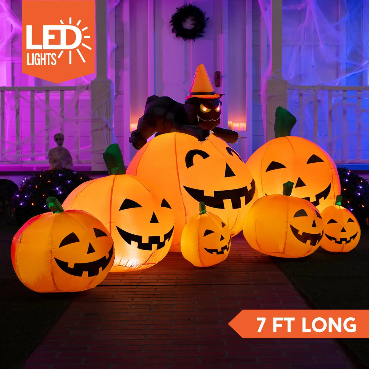 7 ft Long Halloween Inflatable Long Pumpkin with Witch's Cat Decorations Inflatables for Halloween Outdoor Yard Decorations Party Gift