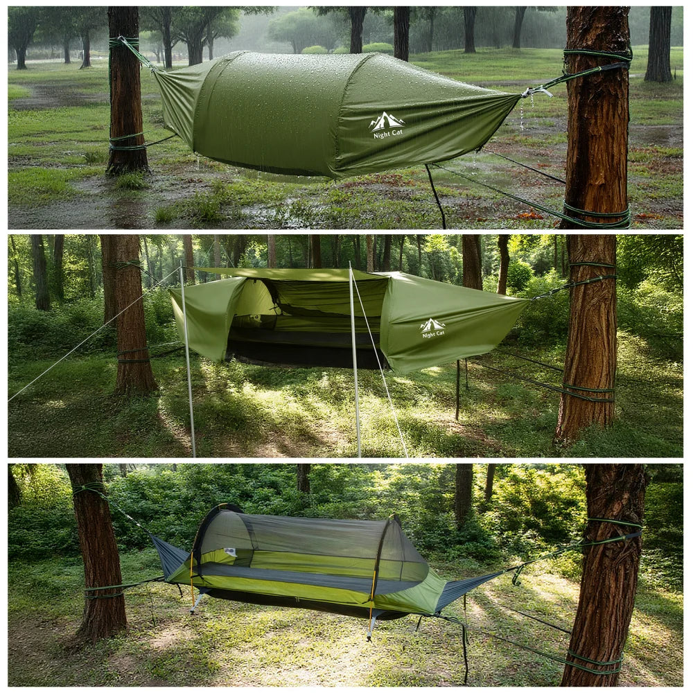 Night Cat Flat Lay Hammock Tent with Mosquito Net Waterproof Rainfly for 1 Person Backpacking Hiking Camping Lightweight 330LBS